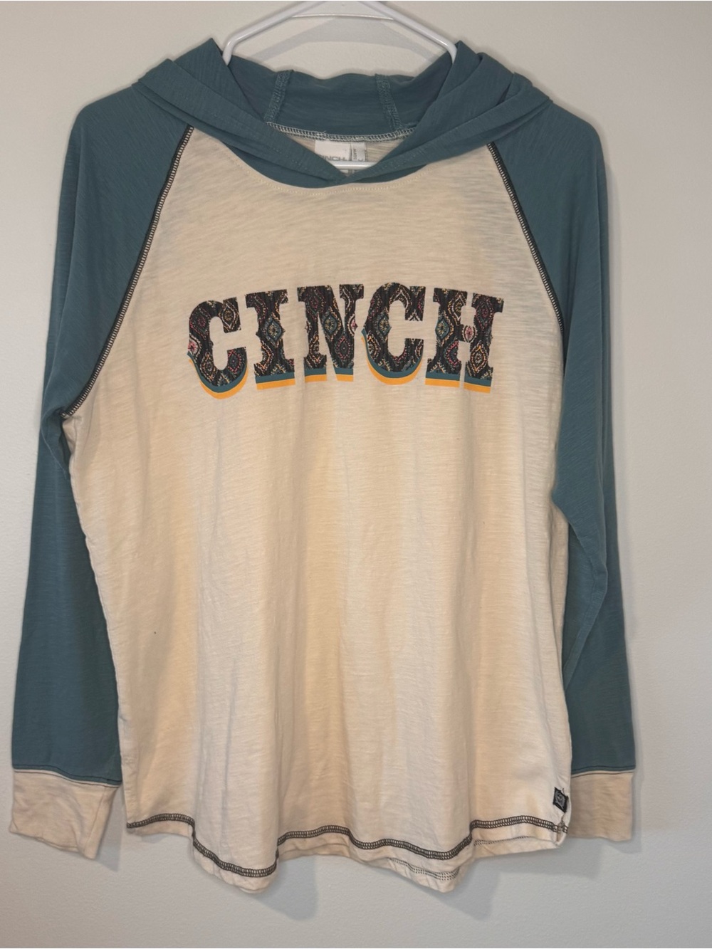 CINCH Women’s XL Ranch Graphic Hooded Raglan Shirt Teal Cream Western
